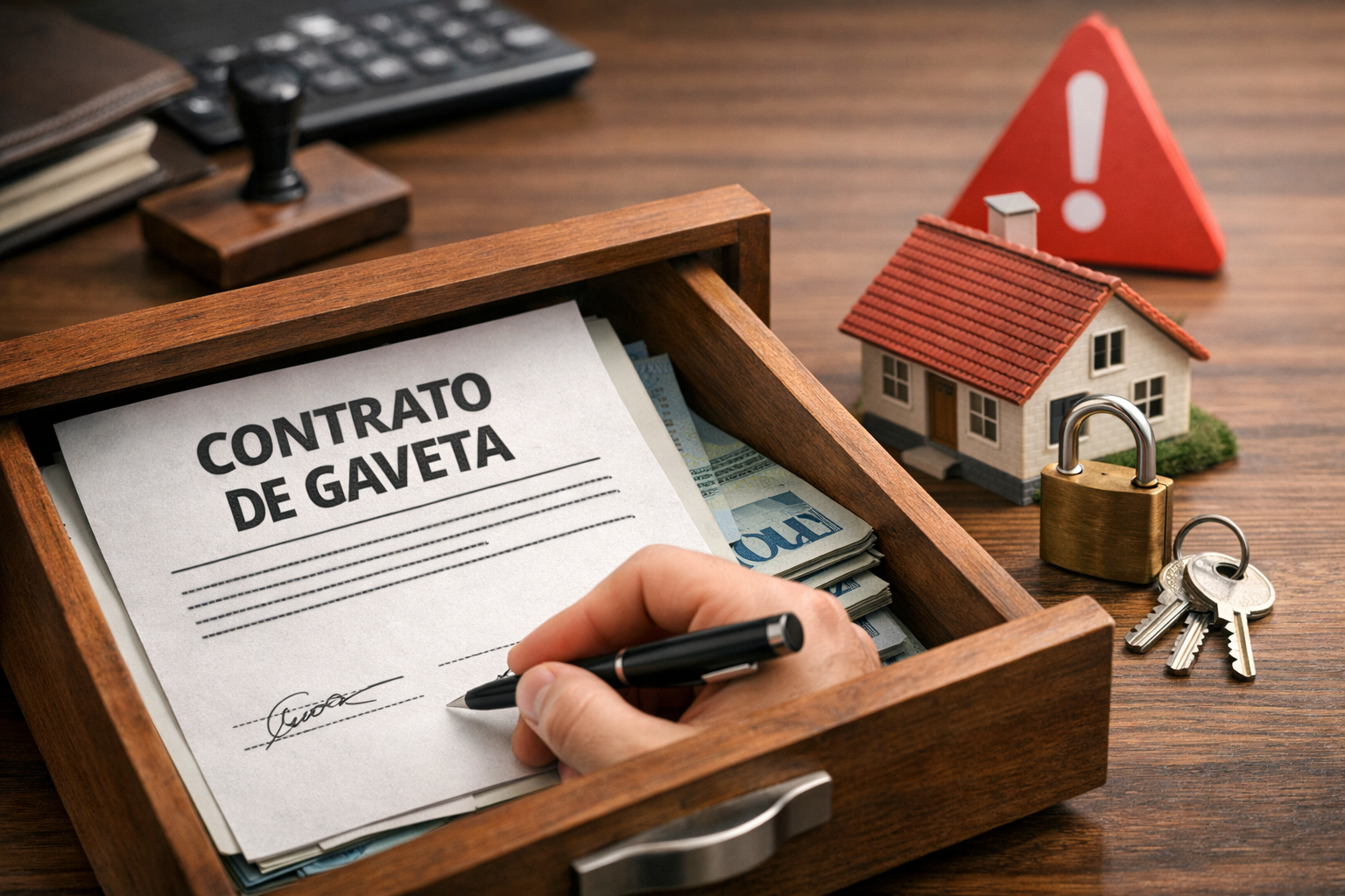 Ilustração representando contrato de gaveta e riscos na compra informal de imóvel